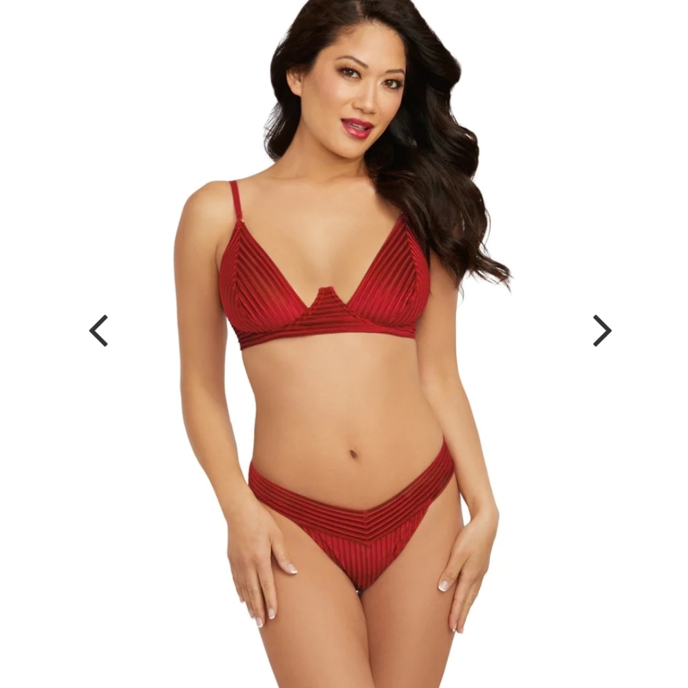 Stretch Velvet Sheer Striped Bra & Thong Set